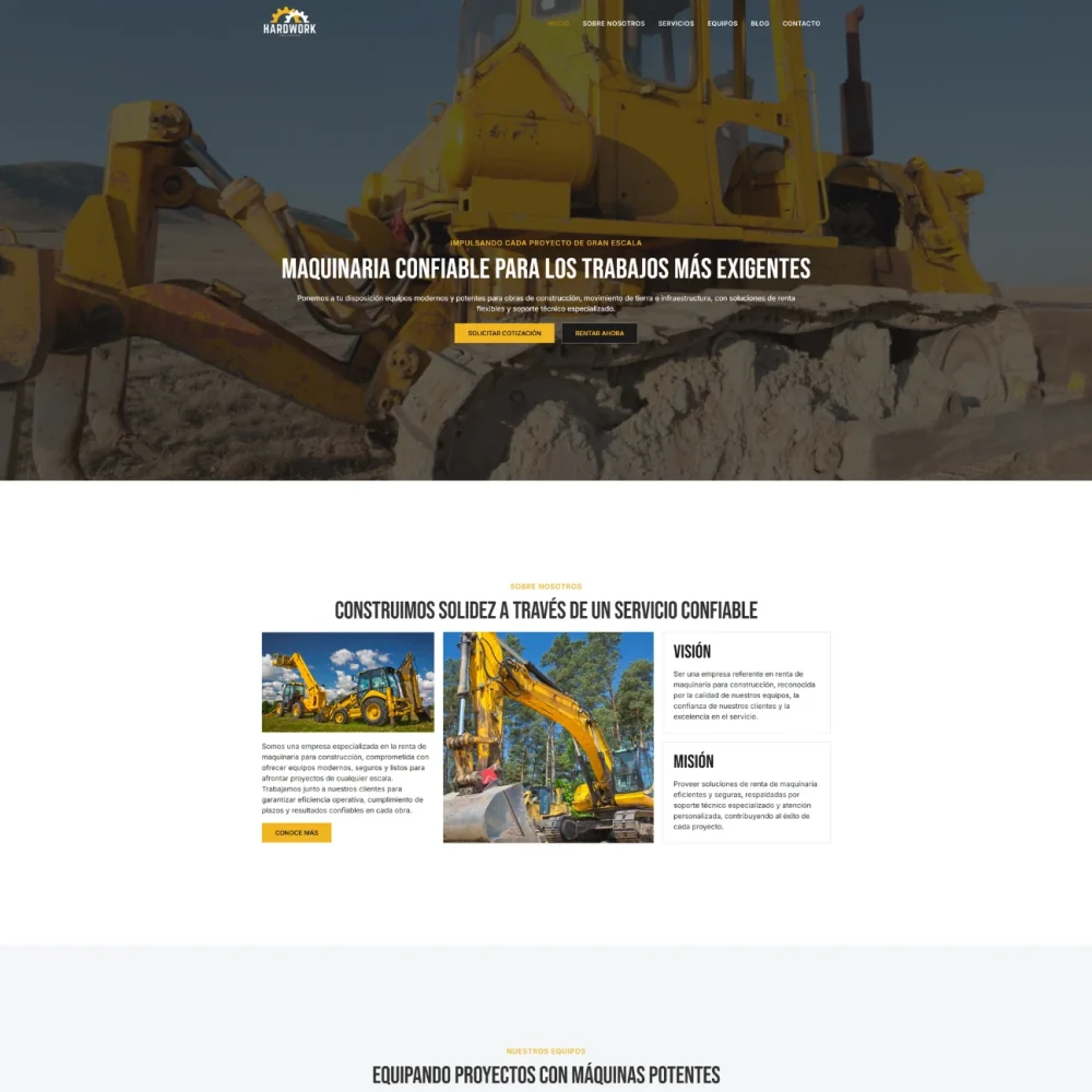 Vista de la página de inicio de la plantilla para renta de maquinaria