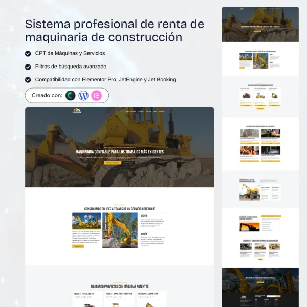 Sistema renta maquinaria construcción WordPress con reservas y gestión de equipos