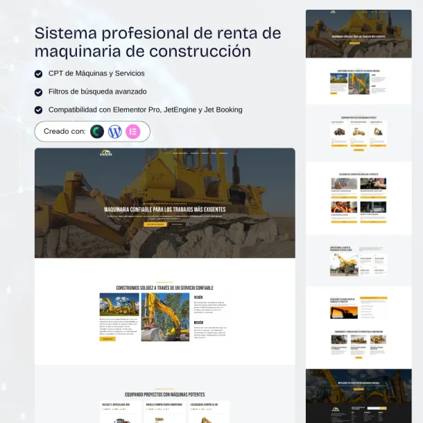 Sistema renta maquinaria construcción WordPress con reservas y gestión de equipos