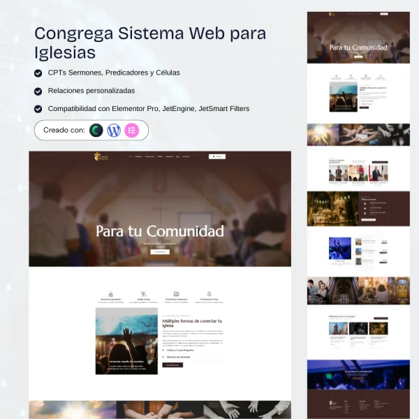 Sistema web profesional para iglesias creado con WordPress, Elementor y Crocoblock con gestión de sermones y células